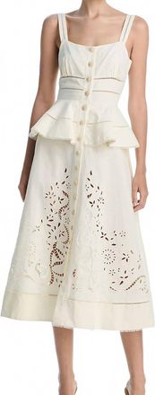 Self Portrait Cream Linen Peplum Midi Dress In Beige