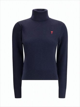 Ami Fitted Blue Turtleneck Sweater With Embroidered Heart Detail