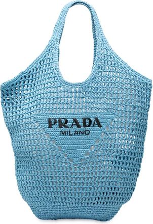 Prada 2000-2025 Raffia Effect Crochet Logo Embroidered Shopping tote bag - Blu