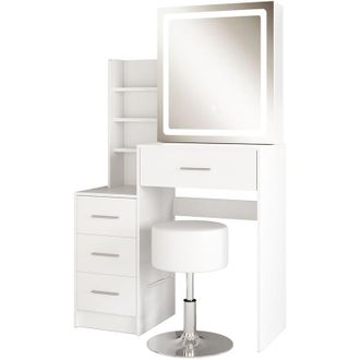 Vicco Tavolo da toilette Lisca, Bianco, 80 cm con specchio led e sgabello