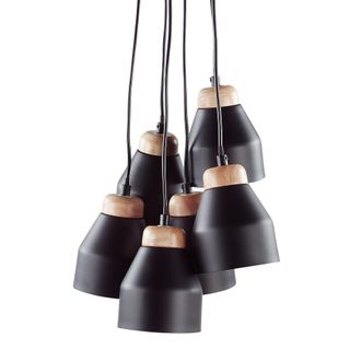 Beliani L&aacute;mpara Colgante De Metal Negro Y Madera Clara 6 Luces Forma De Campana Moderna Cestos