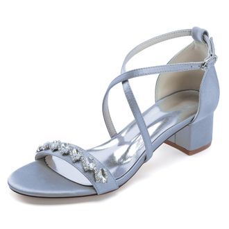 Generic Wedding Sandals Womens Chunky Open Toe Bridal Dress Low Heels Prom Party Dress Shoes 4.5Cm,Silver,2 UK