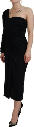 Dolce & Gabbana Womens Black Wrap Sheath One Shoulder Wool Dress