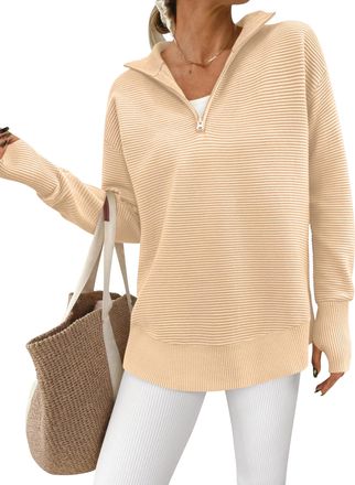 PrettyGarden Womens Long Sleeve Quarter Zip Pullover Sweater Casual Loose V Neck Collared Ribbed Knit Jumper Tops Thumb Hole, Dark Apricot, Medium