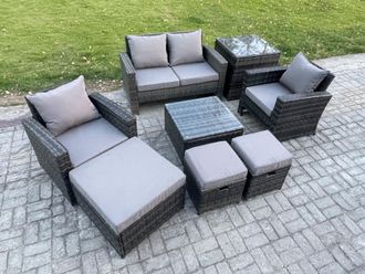 Fimous Rattan Garden Furniture Patio Conservatory Sofa Set with Square Coffee Table Armchair 2 Seater Sofa 3 Footstools in Dark Grey