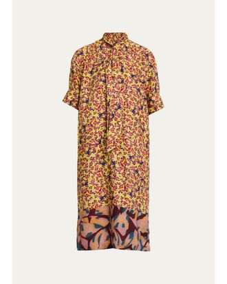 Dries Van Noten Dalma Marbled Short-Sleeve Neck-Scarf Midi Dress