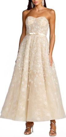 Mac Duggal Sequin Floral Strapless A Line Midi Dress in Oyster at Nordstrom, Size 10