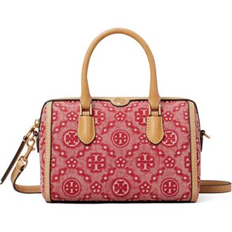 Tory Burch Petite T Monogram Jacquard Barrel Bag in Brilliant Red at Nordstrom