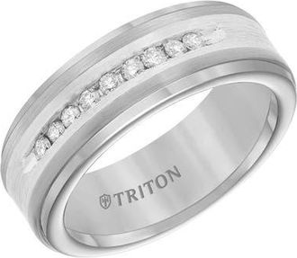 Triton 8MM Tungsten Diamond Ring with Channel Set Silver Satin Finish and Step Edge in Metallic Silver at Nordstrom, Size 10.5