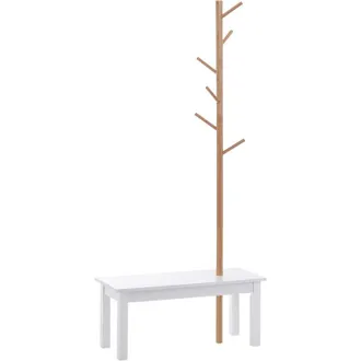 HOMCOM Homcom - Perchero de Pie con Banco Colgador Tipo &Aacute;rbol 6 Ganchos Bamb&uacute; 80x30x180cm
