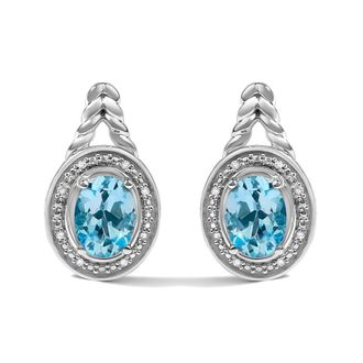 House of Brilliance Sterling Silver Oval Blue Topaz and Diamond Accent Twist and Halo Drop Earrings