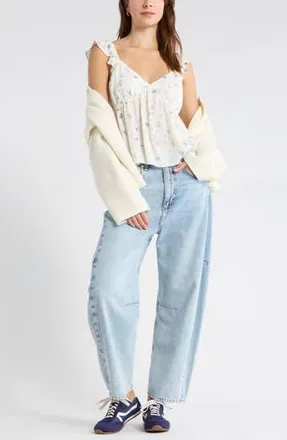 Abound Flutter Sleeve Babydoll Tank Top in White- Blue Pom Floral at Nordstrom Rack, Size X-Small