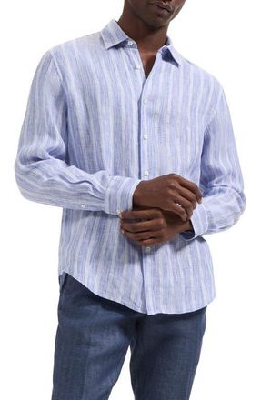 Bugatchi Julian Shaped Fit Stripe Linen Button-Up Shirt in Classic Blue at Nordstrom, Size Xxx-Large
