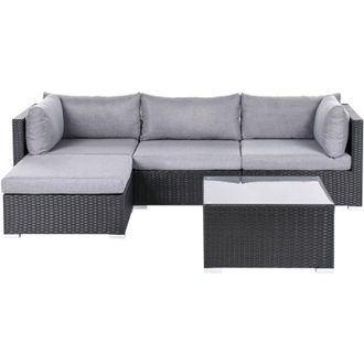 Beliani Conjunto De Jard&iacute;n 4 Plazas Con Mesa De Centro Cuadrada Cojines Grisese De Rat&aacute;n Negro Derecho Sano