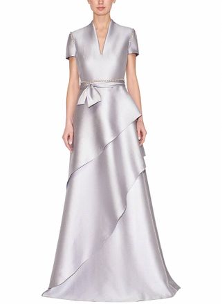 Reem Acra Short Sleeve Split Neck Caftan Gown In Grey