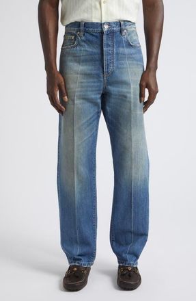 Versace Distressed Straight Leg Jeans in Medium Blue at Nordstrom, Size 32