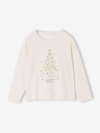Vertbaudet Weihnachts-Shirt mit glitzerndem Tannenbaum-Motiv, M&auml;dchen wollwei&szlig;