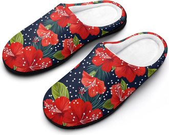 Generic Hibiscus Flowers Womens Slippers Warm House Slippers Indoor House Shoes with Anti-Skid Rubber Sole