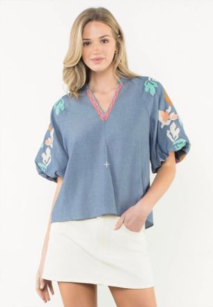 THML Clothing Embroidered Puff Sleeve Top In Blue