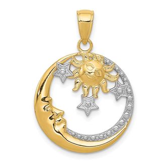 Diamond2Deal 14k Yellow Gold Rhodium Diamond-Cut Moon, Stars, Sun Pendant
