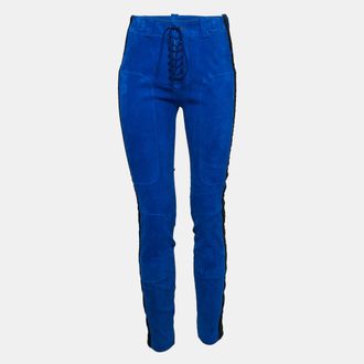 Ben Taverniti Blue Velvet Trim Suede Lace-Trim Unravel Project Trouser