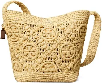 Tory Burch Lock T Monogram Crochet Slim Straw Shoulder Bag in Natural at Nordstrom