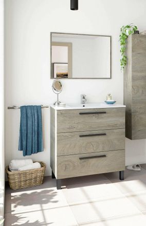 Dmora Armario Bajo Encimera Palmdale, Mueble De Ba&ntilde;o, Armario Con 3 Cajones Y Espejo, Lavabo No Incluido, Cm 80x45h86, Roble, Con Embalaje Reforzado - Dmora