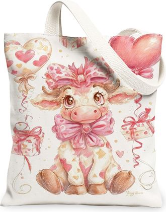 Generic ValentineS Day Cute Animal Canvas Tote Bags, Adorable Heart Pattern Reusable Grocery Bags, Lightweight Washable Shoulder S, White, 13x15 Inch