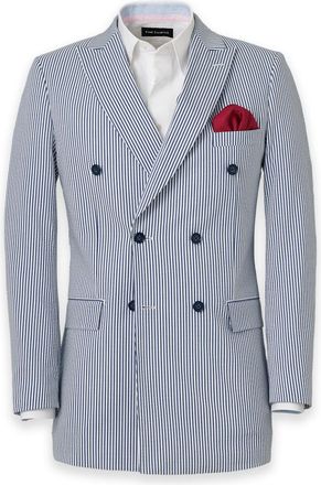 Paul Fredrick Stripe Seersucker Double Breasted Peak Lapel Suit Jacket