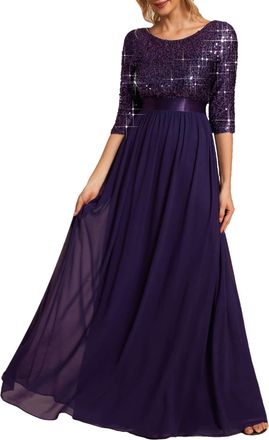 Ever-pretty Womens Elegant 3/4 Sleeves Sequin Empire Waist A Line Chiffon Evening Dresses Dark Purple 14UK