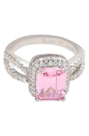 Suzy Levian Sterling Silver Pink Emerald CZ Pavé Halo Ring at Nordstrom Rack, Size 5.5