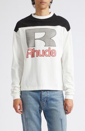 Rhude Racing Panel Long Sleeve Graphic T-Shirt in White/black/red at Nordstrom, Size Xx-Large
