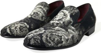 Dolce & Gabbana Black Floral Slippers Men Loafers Dress Shoes Velvet