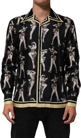 Dolce & Gabbana Mens Black Silk Pin Up Printed Button Down Shirt