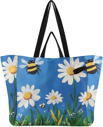 Generic Blue Bee Flowers pattern Reusable Canvas Tote Bag, Heavy Duty Grocery Shopping Bag with Double Handles Large Capacity Hard Bottom Work Groceries Trave