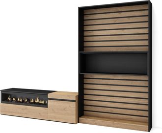Skraut Home Skraut Home - Muebles De Sal&oacute;n Para Tv, Conjunto De Muebles Comedor, 260x186x35cm, Para Tv Hasta 65, Chimenea El&eacute;ctrica, Estilo Moderno, Roble Y Negro