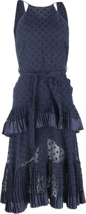 Zimmermann Pleated Polka Dot Midi Tiered Dress in Navy Blue Polyester
