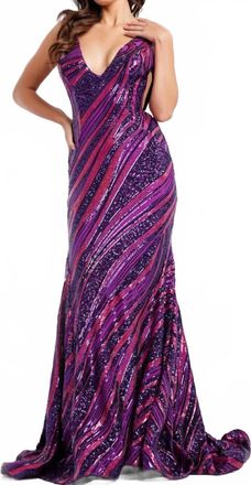 Jovani Midnight Sequin Wave Dress In Purple/fuchsia