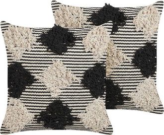 Beliani Conjunto De 2 Cojines De Algod&oacute;n Beige Negro 50 X 50 Cm Hecho A Mano Bhusawal