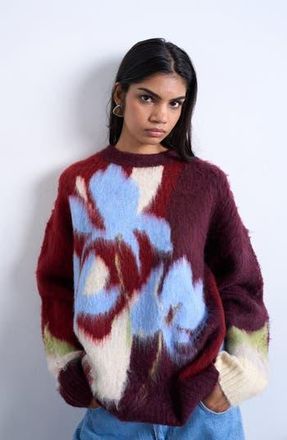 Topshop Blurred Floral Fuzzy Sweater in Burgundy at Nordstrom Rack, Size Large
