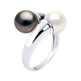 Ateliers Saint Germain Womens Ring You & Me Prestige of Silver 925 Rhodium plated adorned with Real Cultured Tahiti Pearls and FRESHWATERCOLOR NATURAL WHITE- 8-9 mm - Black/