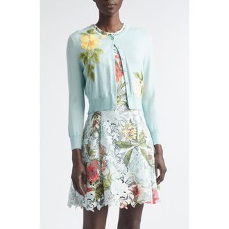 Oscar De La Renta Chin&eacute; Embroidered Dominican Floral Wool Cardigan in Saltwater at Nordstrom, Size X-Large