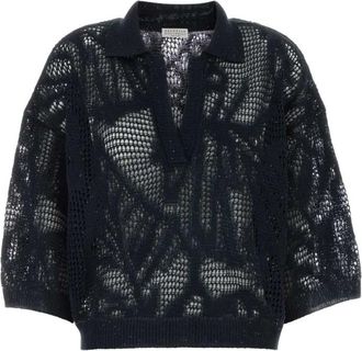 Brunello Cucinelli Navy Blue Knitted Shirt Collar Polo