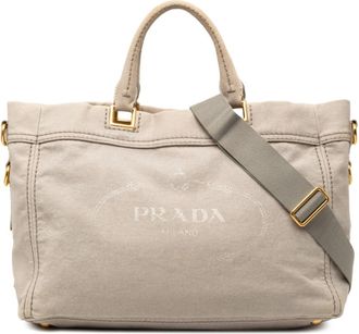 Prada Gray Canvas Shoulder Bag Tote Bag (Pre-Owned)
