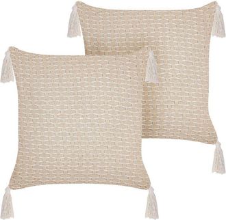 Beliani Conjunto De 2 Cojines Beige Claro 42 X 42 Cm Poli&eacute;ster Borlas Relleno Hakone