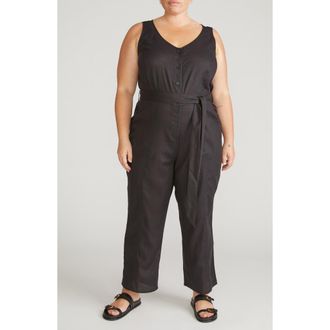 Universal Standard Sleeveless Tie Waist Linen Jumpsuit in Black at Nordstrom, Size 2Xl