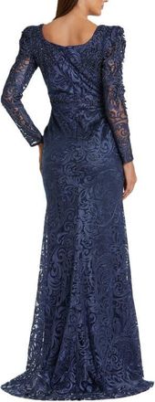 Mac Duggal Embroidered Applique Shoulder Detail Trumpet Gown in Midnight at Nordstrom, Size 14