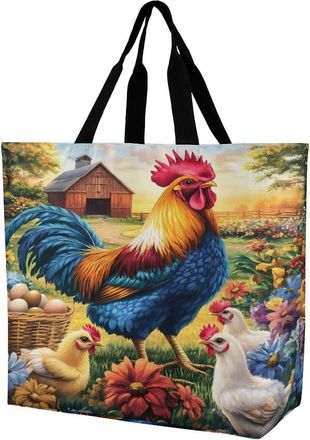 Generic Rooster Hens Chicken Large Reusable Shopping Bag Lightweight Foldable Tote Bags Washable Shoulder Handbag