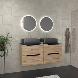 Aurlane Mueble De Ba&ntilde;o 120cm Roble Y Negro, Lavabos Rectangulares Y Espejos Led &Oslash;50cm - Omega