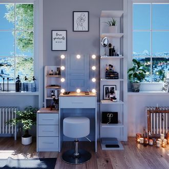 Vicco Tocador Conrada, Blanco/sonoma, 80 Cm Con Iluminaci&oacute;n Led Y Taburete